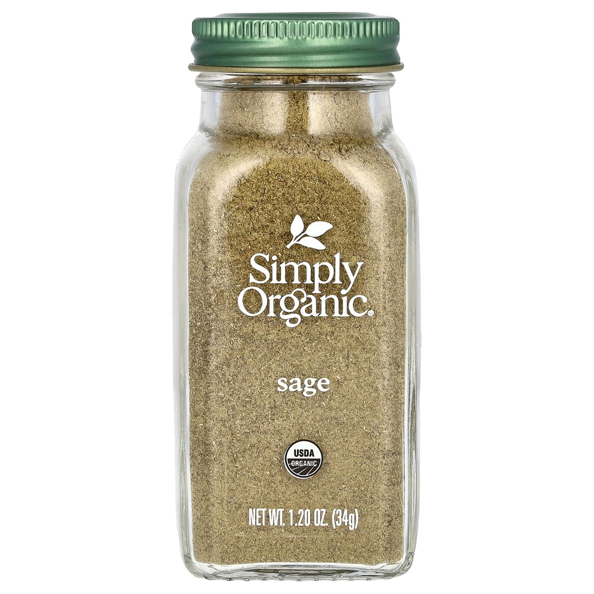 Simply Organic Ground Sage bottle pouring, aromatic spice for roasting and stuffing