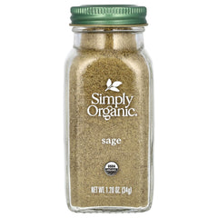 Simply Organic Ground Sage bottle pouring, aromatic spice for roasting and stuffing
