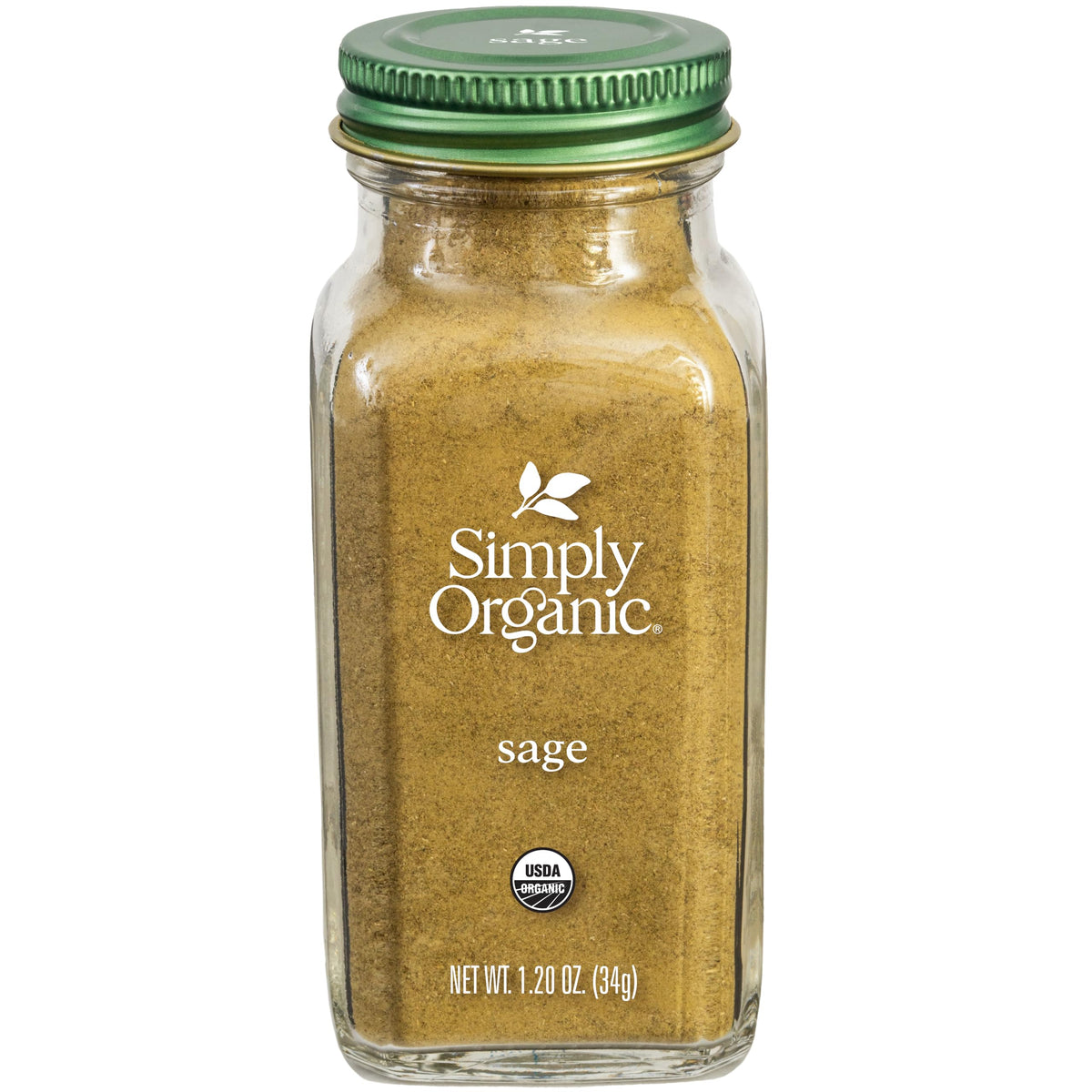 Simply Organic ground sage leaf packaging closeup showing premium quality and organic certification