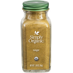 Simply Organic ground sage leaf packaging closeup showing premium quality and organic certification