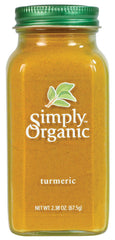Close-up of Simply Organic turmeric jar showing label and warm aroma hints.
