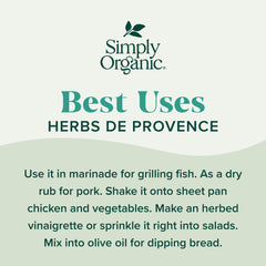Simply Organic Herbes de Provence spice blend on a wooden surface ready for cooking
