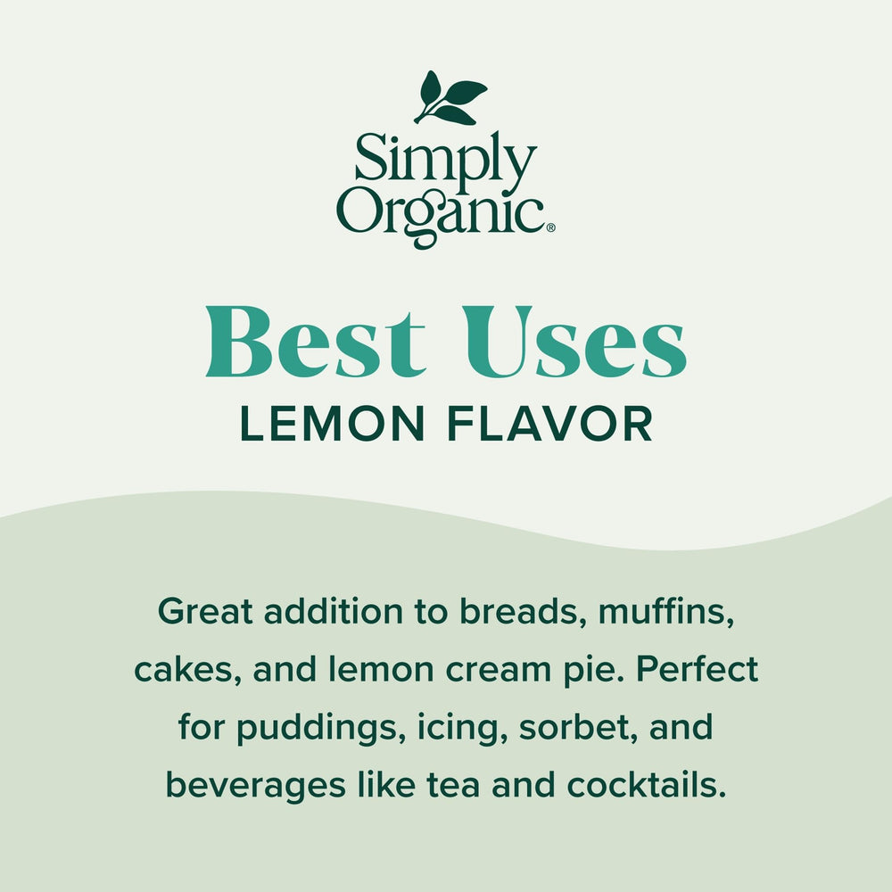 Simply Organic Lemon Flavor fruity swirl over desserts demonstrates bright citrus finish.