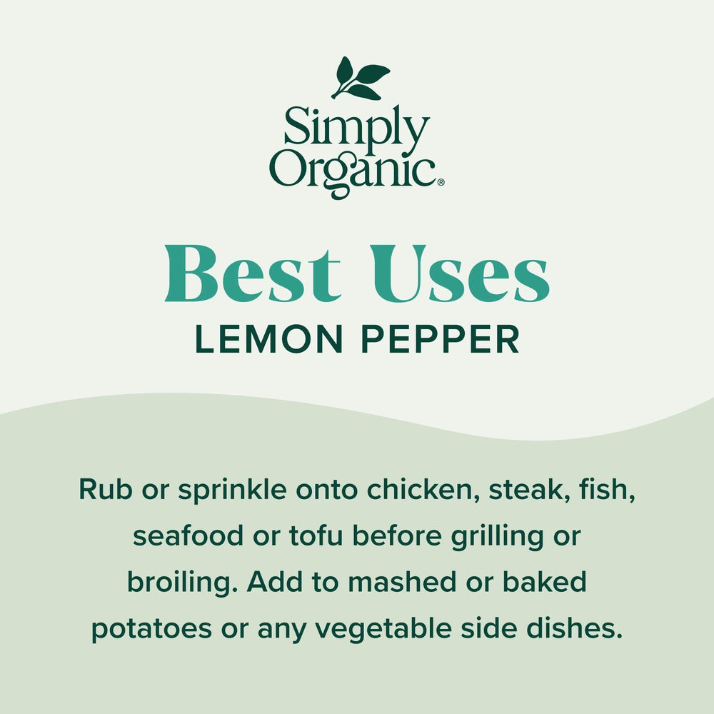 Simply Organic Lemon Pepper closeup reveals bright zest and coarse pepper texture.