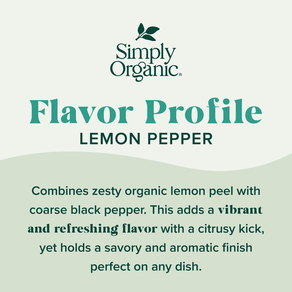 Simply Organic Lemon Pepper grinder shows fresh citrus zest with bold pepper.