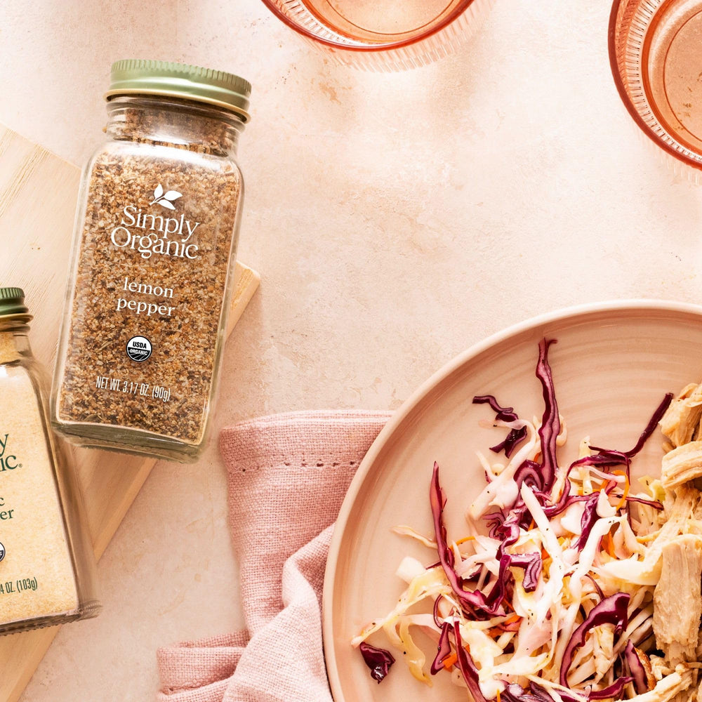 Simply Organic Lemon Pepper in a kitchen setup ready for versatile cooking.
