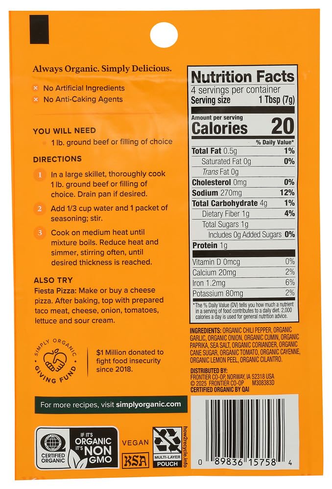 Simply Organic Mild Taco Seasoning label close-up showing organic, vegetarian blend.