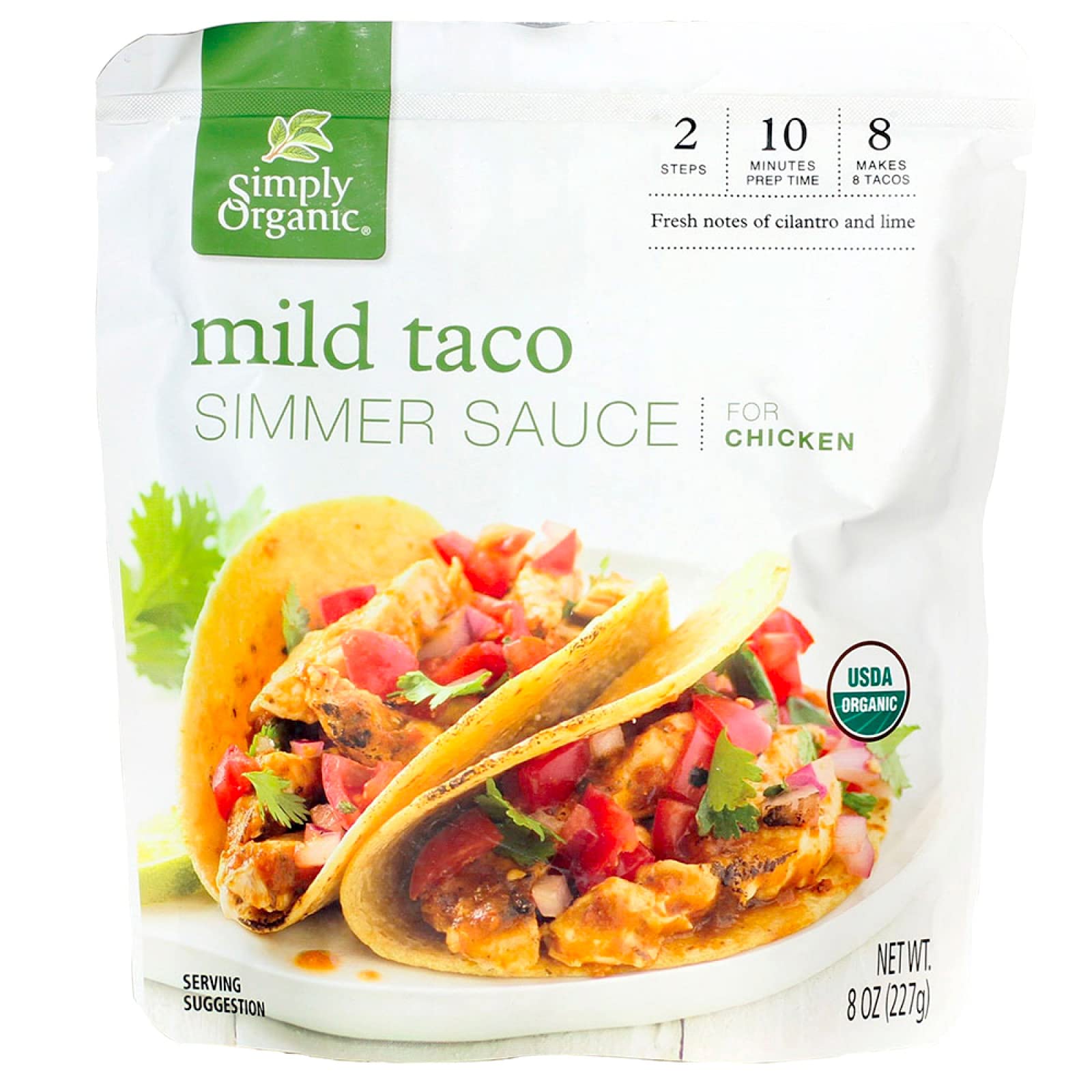 Simply Organic Mild Taco Simmer Sauce bottle with cilantro and lime notes, great for tacos.