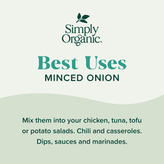 Simply Organic minced white onion bottle label highlights organic, kosher quality.