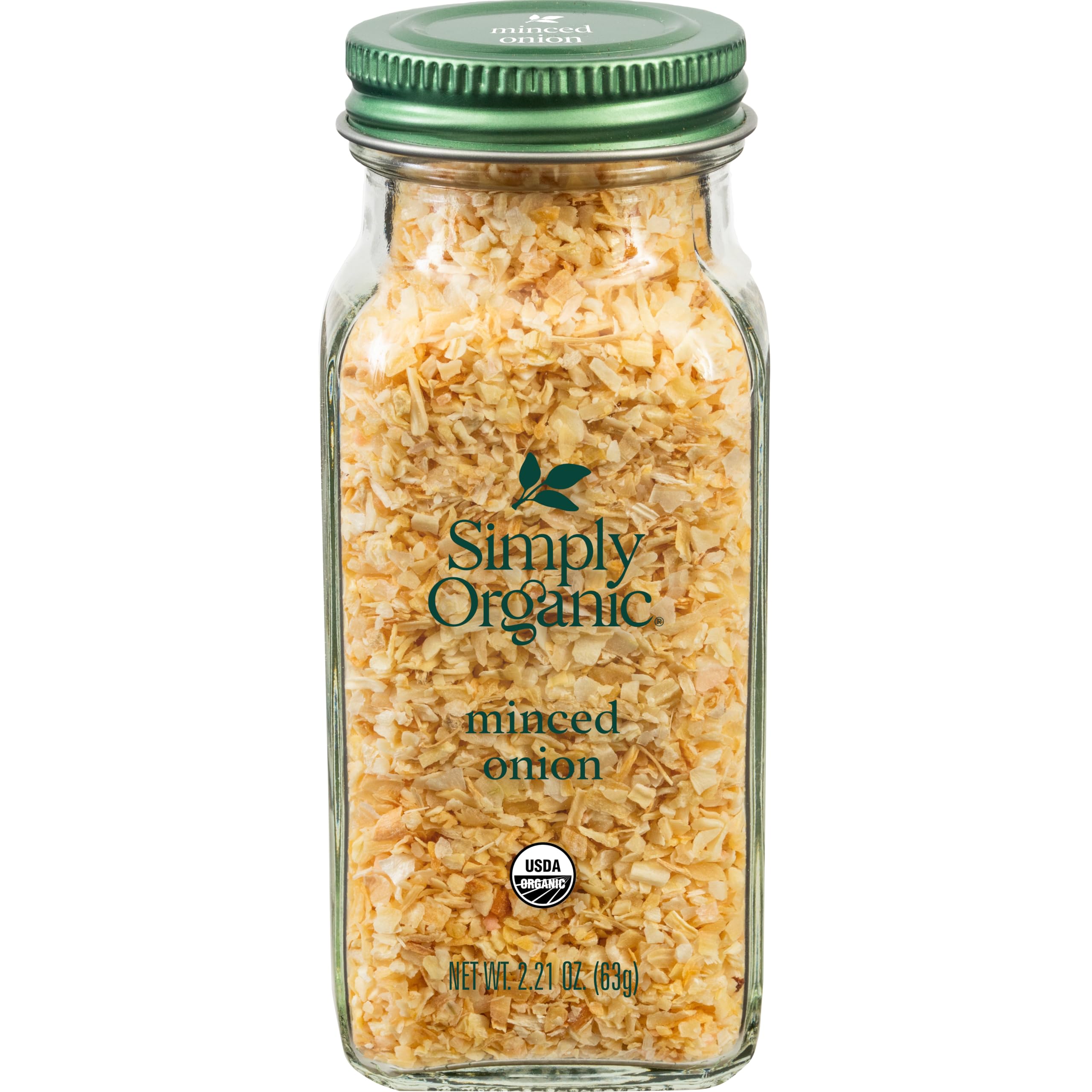 Simply Organic minced white onion jar closeup for soups and stews.