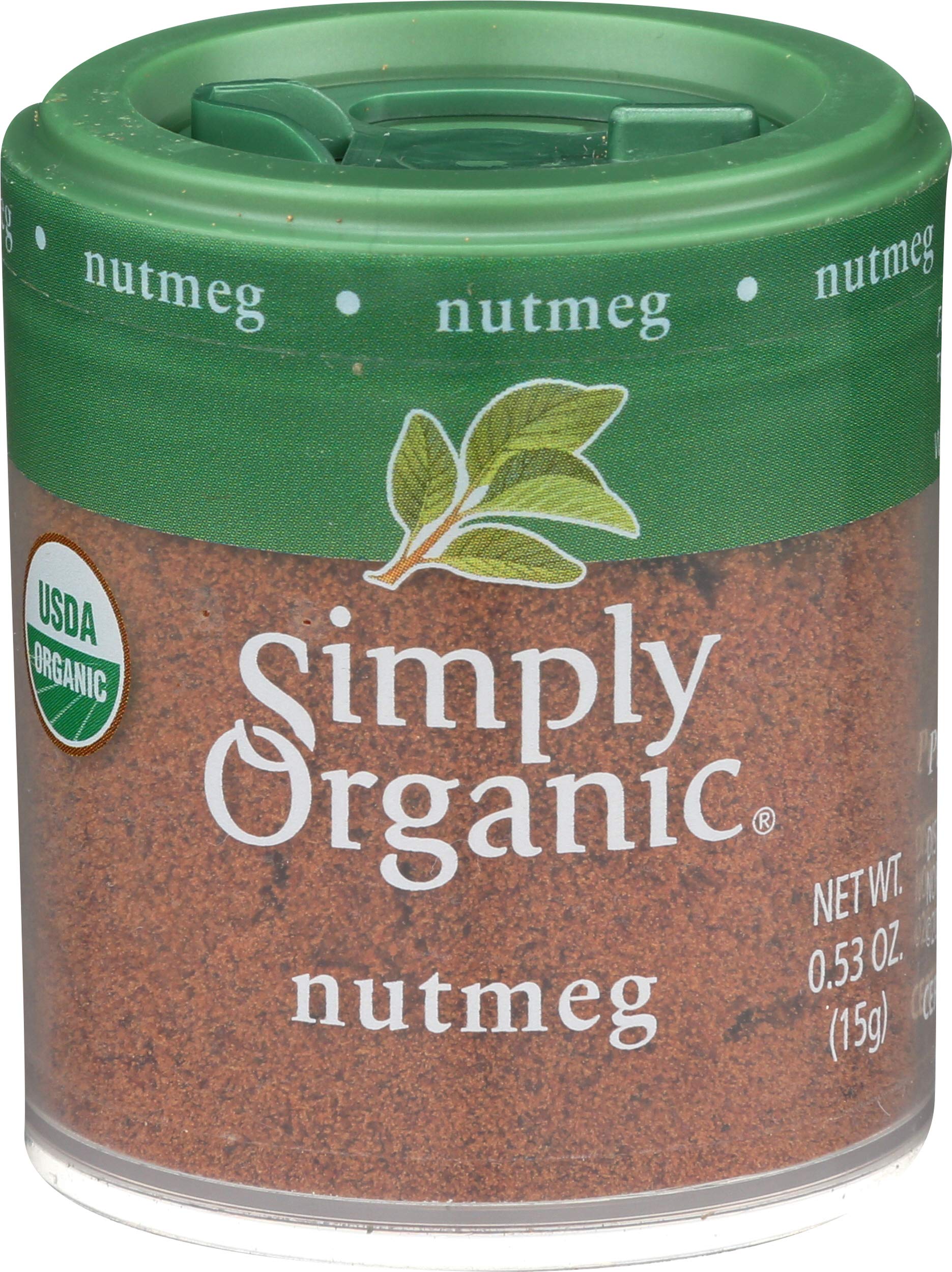 Simply Organic mini nutmeg jar enhances baking aroma and cozy beverages.