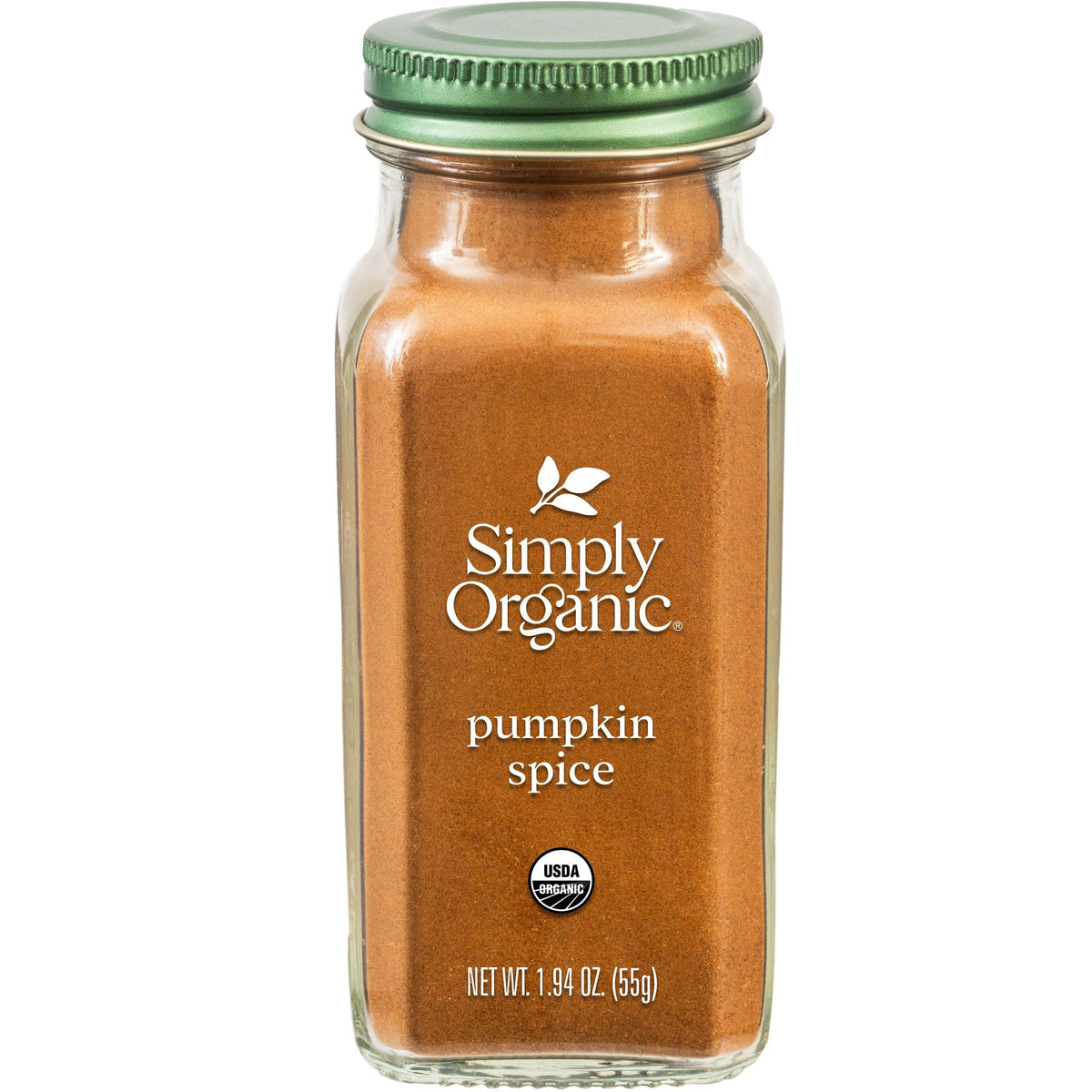 Simply Organic Pumpkin Spice bottle on shelf for fall baking and beverages.