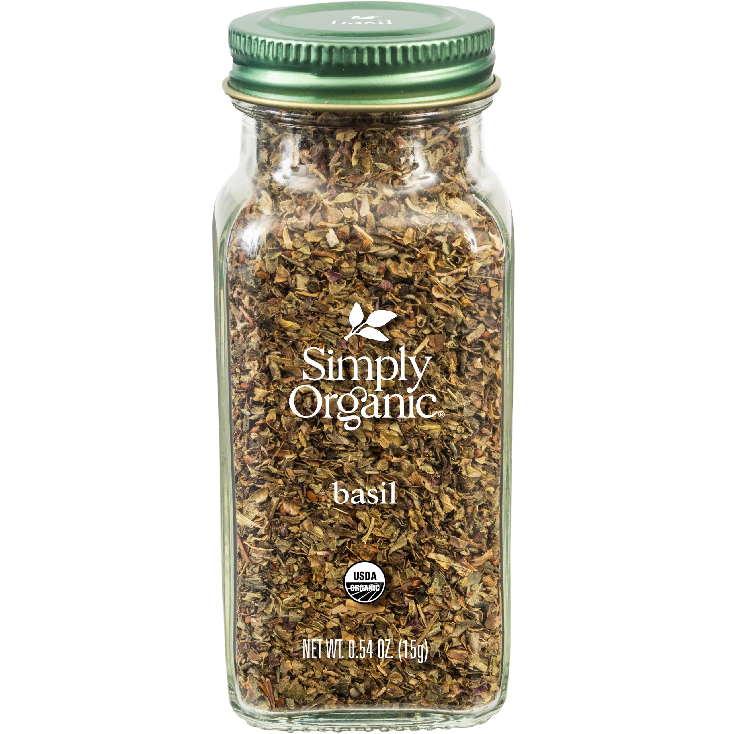 Simply Organic Pure Egyptian Basil Leaf bottle front highlights premium organic flavor for Italian dishes.