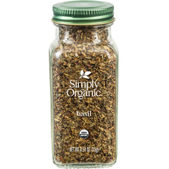 Simply Organic Pure Egyptian Basil Leaf bottle front highlights premium organic flavor for Italian dishes.