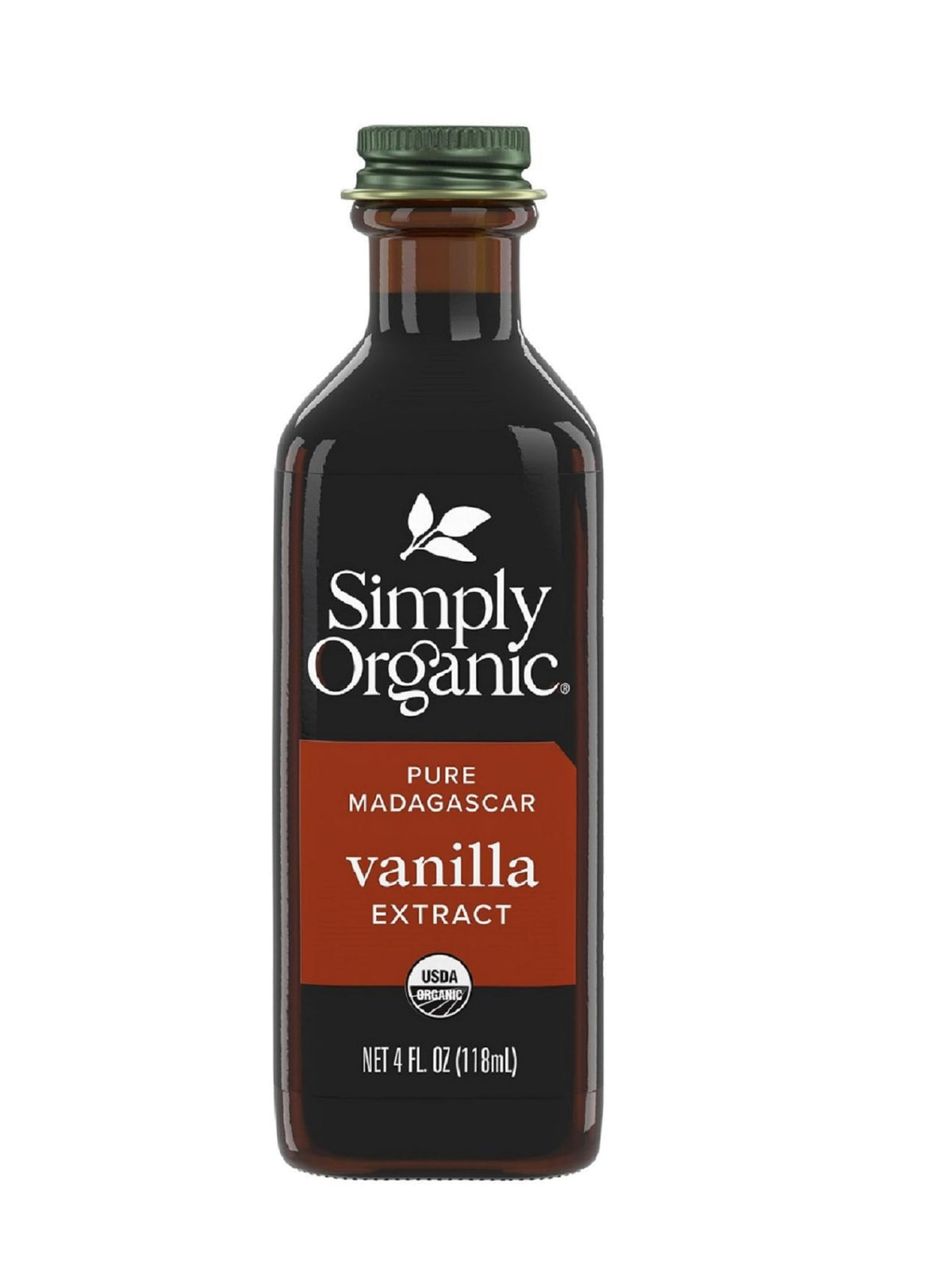 Simply Organic Madagascar vanilla extract in amber bottle for rich aroma in desserts