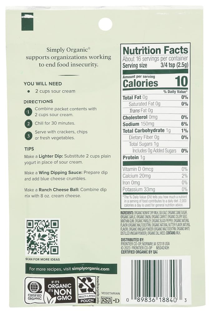 Simply Organic Ranch Dip packet close-up highlights organic ingredients ideal for quick dips.