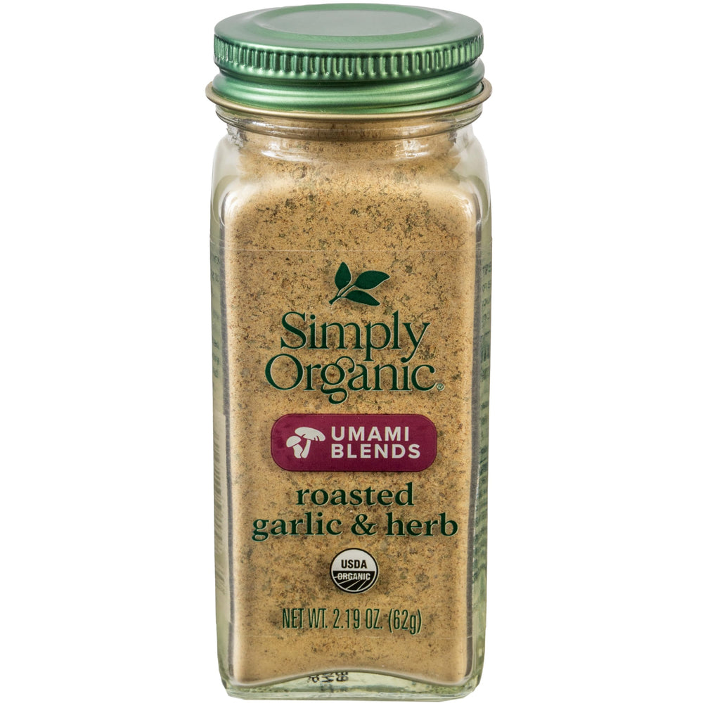Simply Organic Roasted Garlic & Herb Umami Blend bottle adds savory depth.