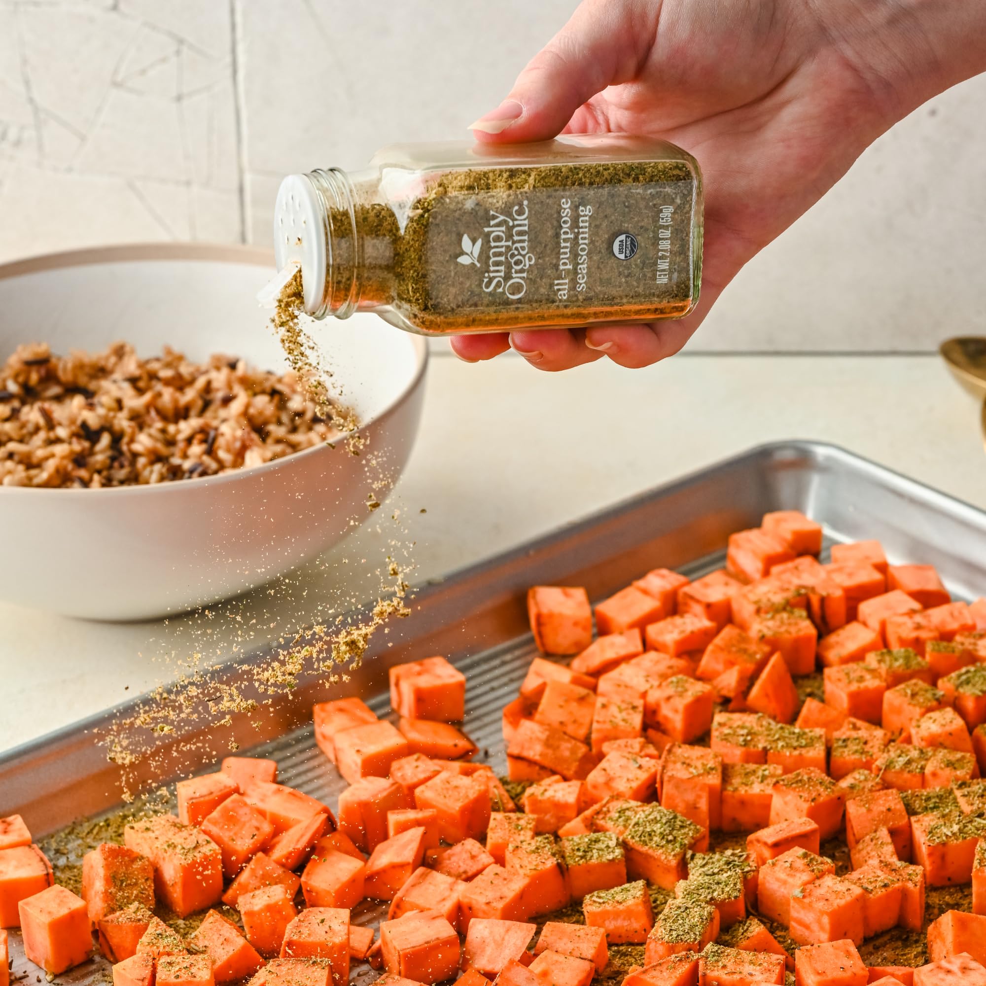 Simply Organic seasoning on roasted vegetables to enhance aroma and color