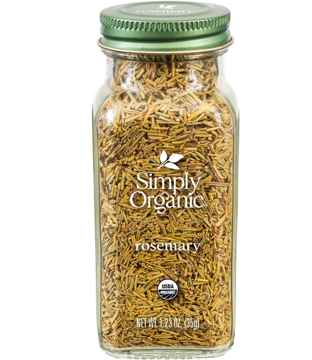 Simply Organic Rosemary Leaf bottle shows a fresh, aromatic herb ideal for roasts.