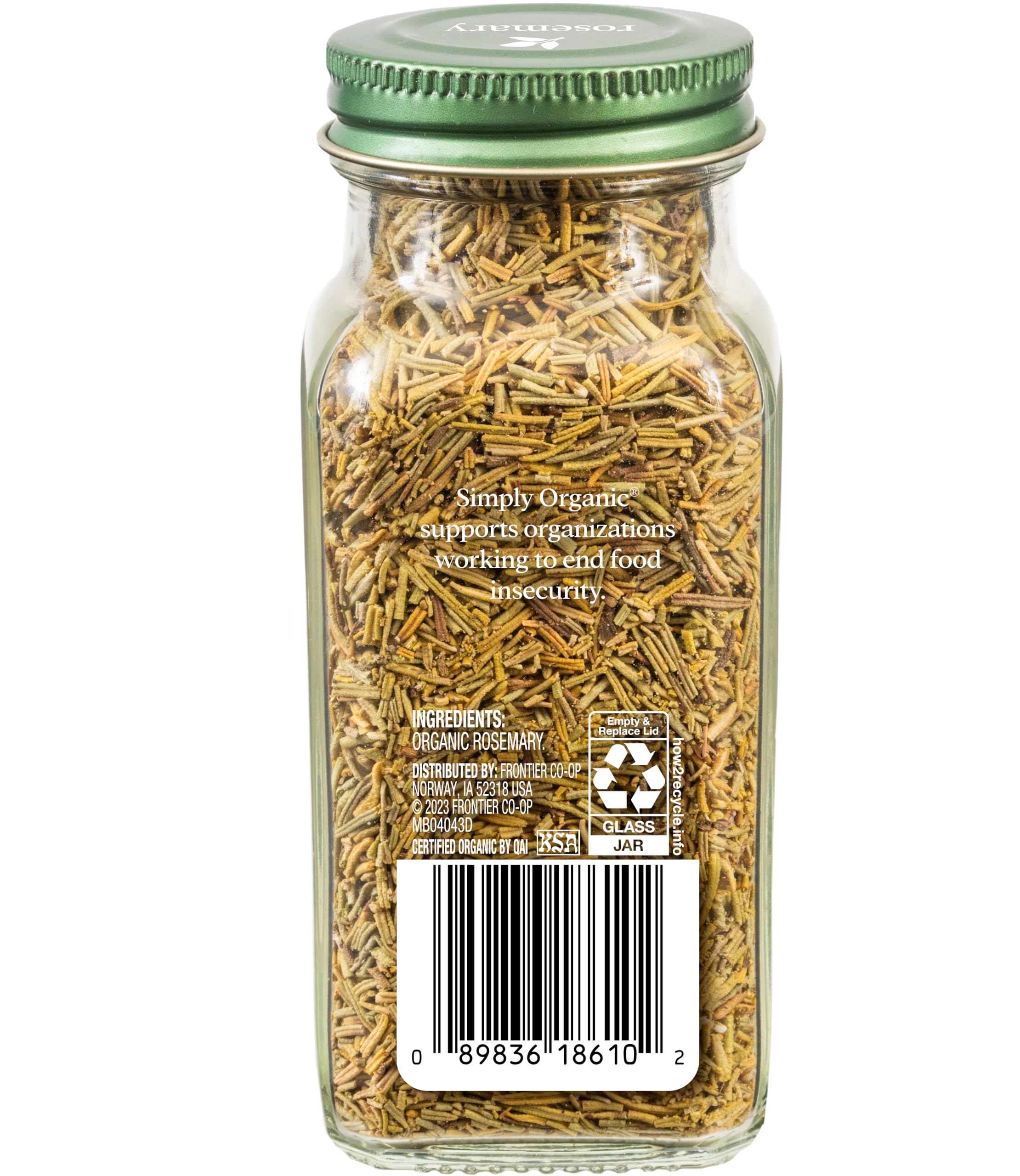 Simply Organic Rosemary Leaf closeup highlights piney aroma and needle-like leaves.