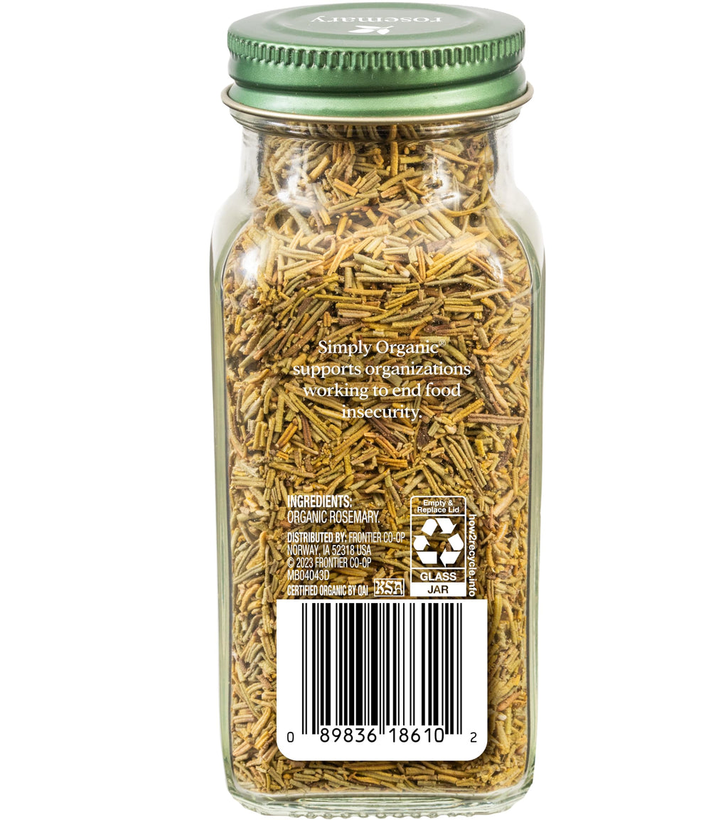 Simply Organic Rosemary Leaf closeup highlights piney aroma and needle-like leaves.