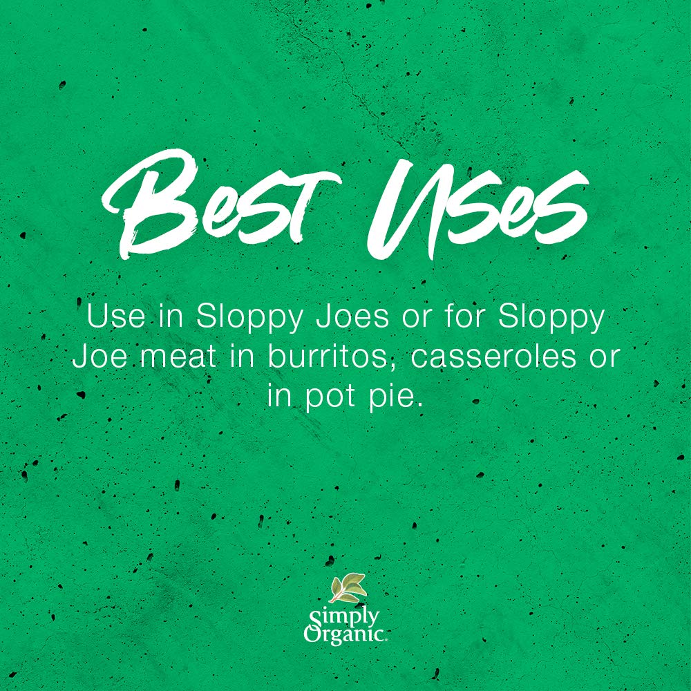 View of Simply Organic Sloppy Joe seasoning tin label emphasizing easy, ready-to-season meals.