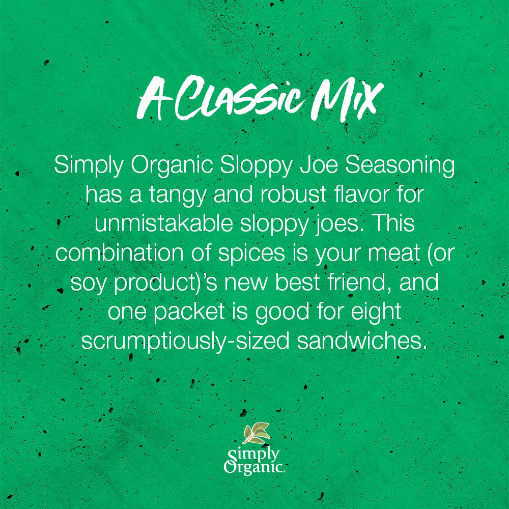 Ingredients close-up of Simply Organic Sloppy Joe seasoning mix showing natural herbs and spices.