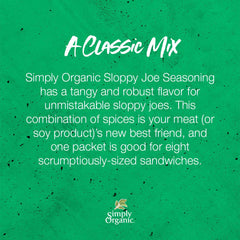 Ingredients close-up of Simply Organic Sloppy Joe seasoning mix showing natural herbs and spices.