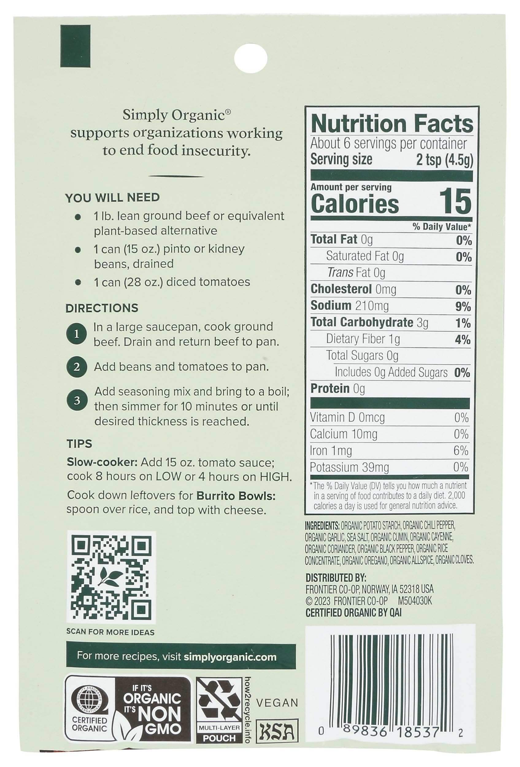 Simply Organic Spicy Chili Seasoning Mix label closeup—organic ingredients
