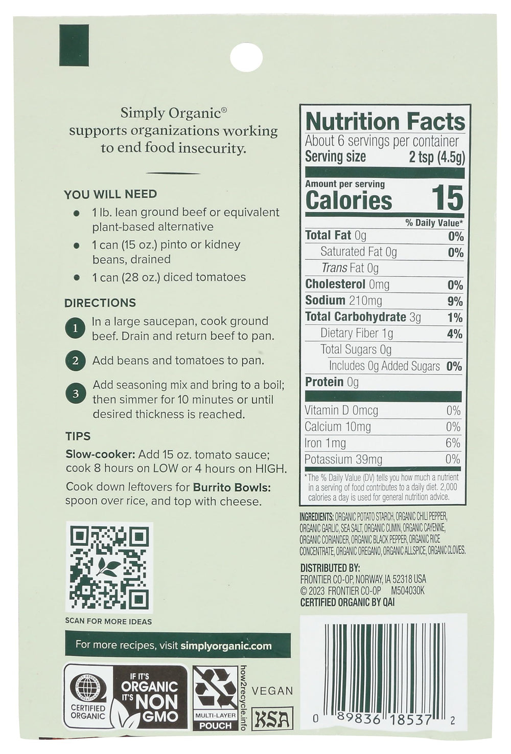 Simply Organic Spicy Chili Seasoning Mix label closeup—organic ingredients