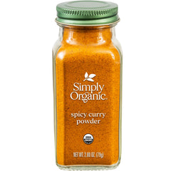 Simply Organic spicy curry powder bottle for easy pantry seasoning and bold flavors.