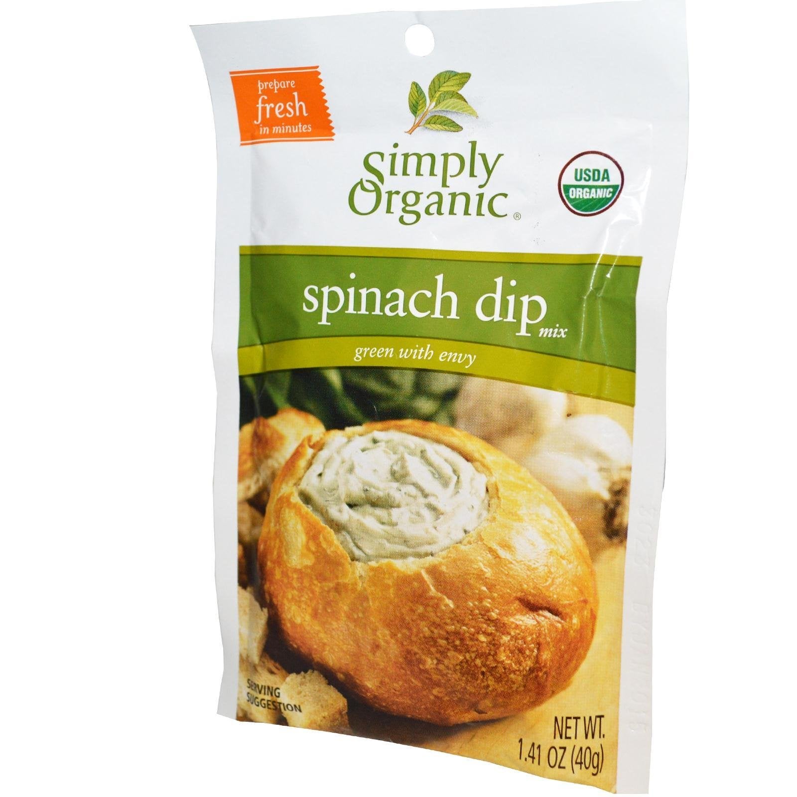 Label shows organic and kosher certification for Simply Organic Spinach Dip Mix.