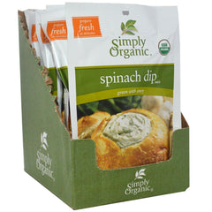 Simply Organic Spinach Dip Mix packet close-up highlighting vegan and gluten-free credentials.