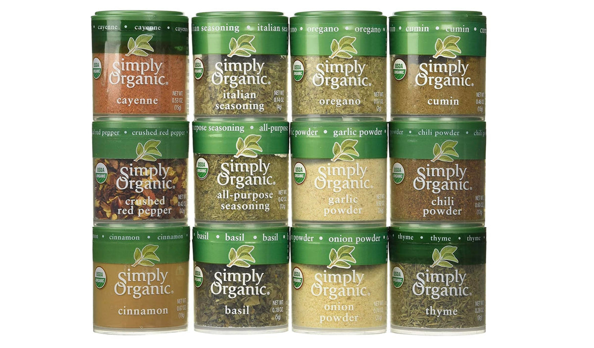 Simply Organic Starter Spice Gift Set on a neat countertop, inspiring quick weeknight meals.
