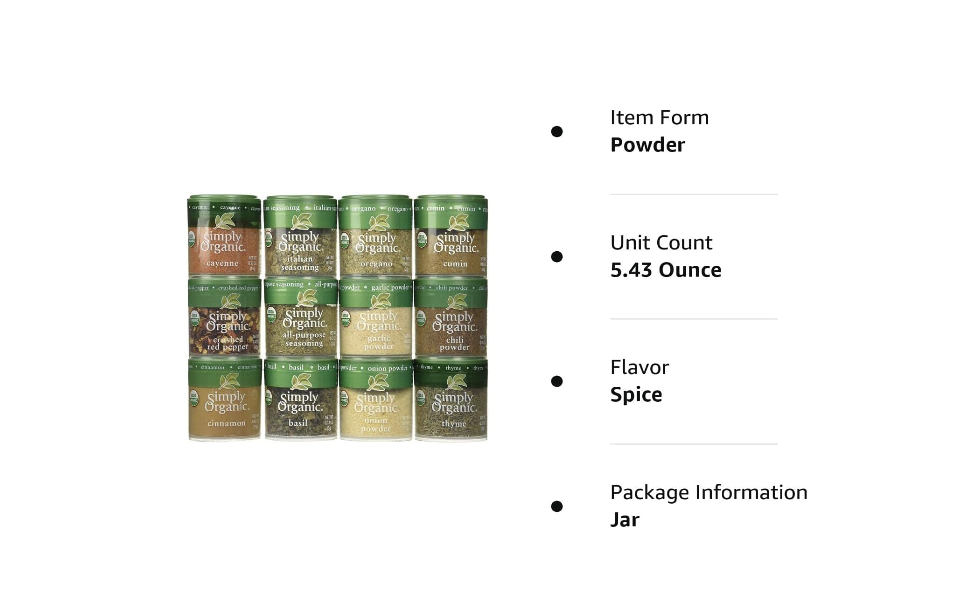 Close-up of Simply Organic spices in labeled bottles, showcasing pure, potent flavors for cooking.