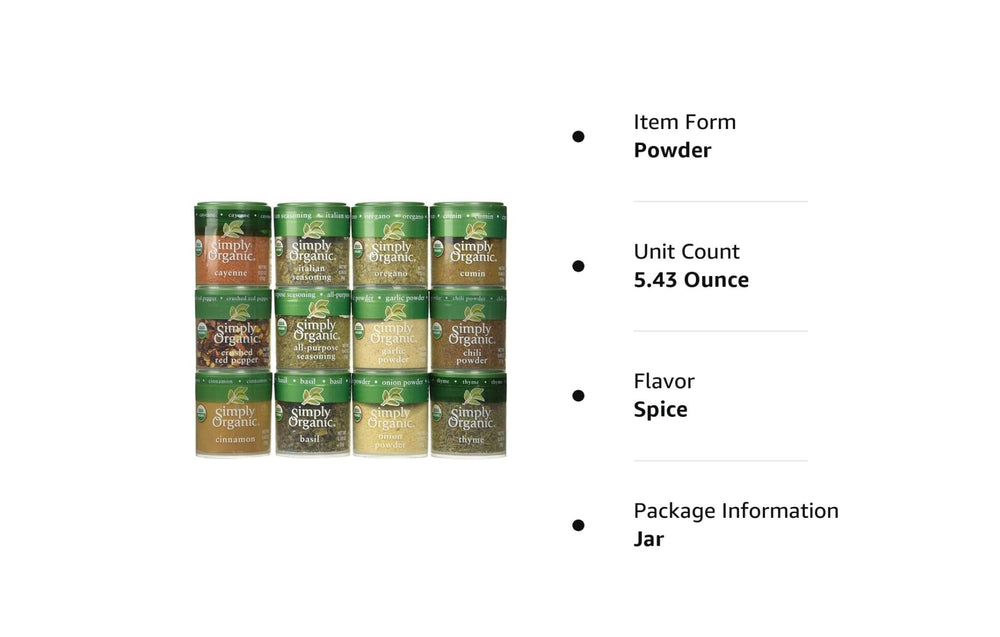 Close-up of Simply Organic spices in labeled bottles, showcasing pure, potent flavors for cooking.