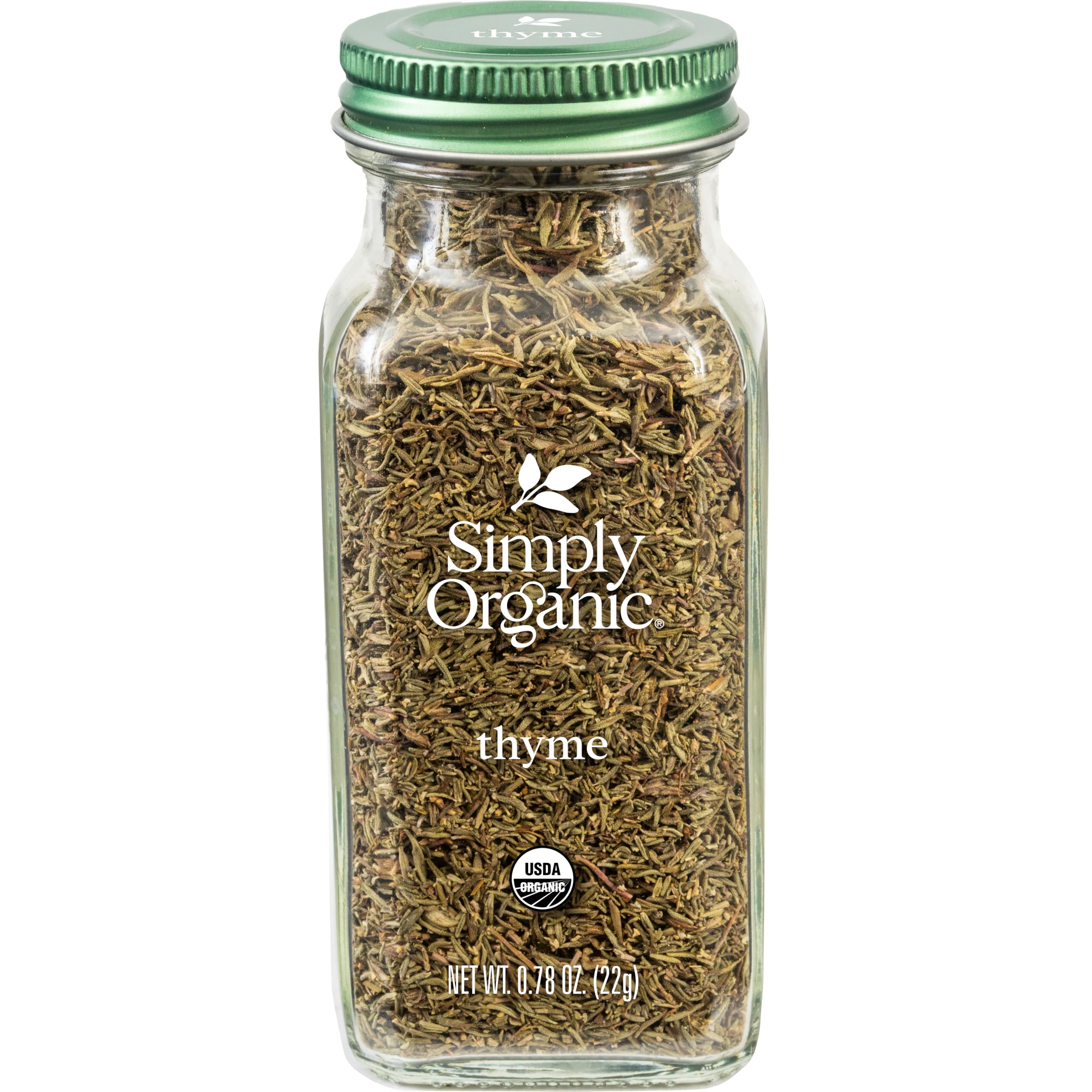 Simply Organic thyme leaf jar on a kitchen shelf for rich soups and roasts.