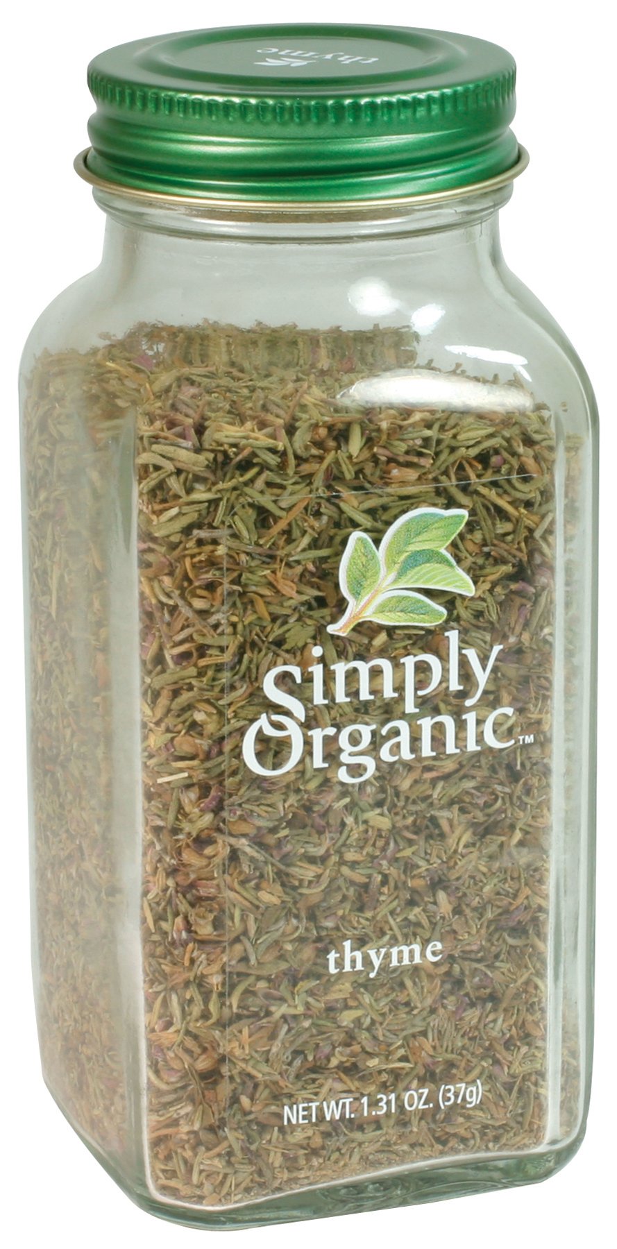 Label on Simply Organic thyme leaf bottle showing organic and kosher certifications.