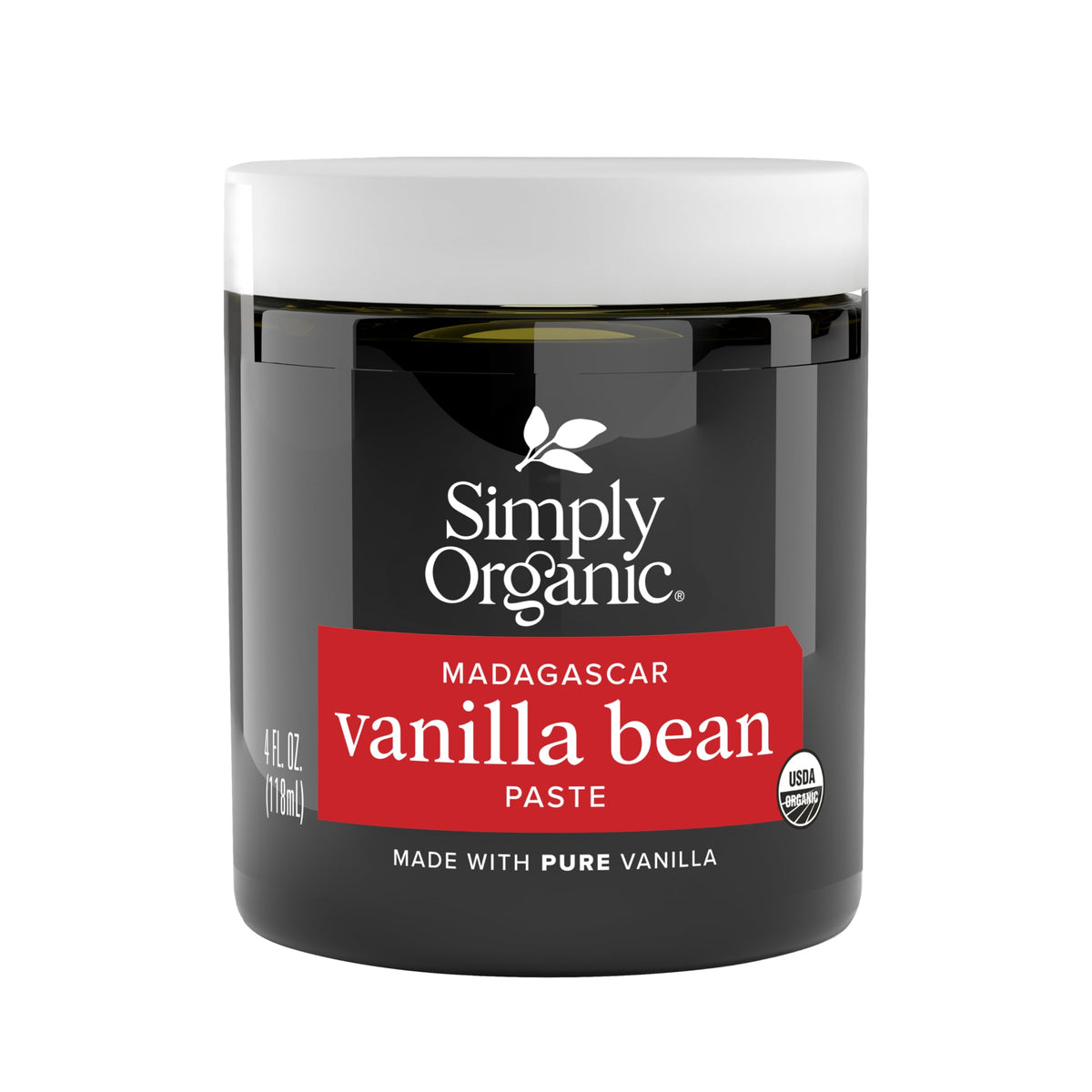 Simply Organic Vanilla Bean Paste jar front with specks for rich desserts