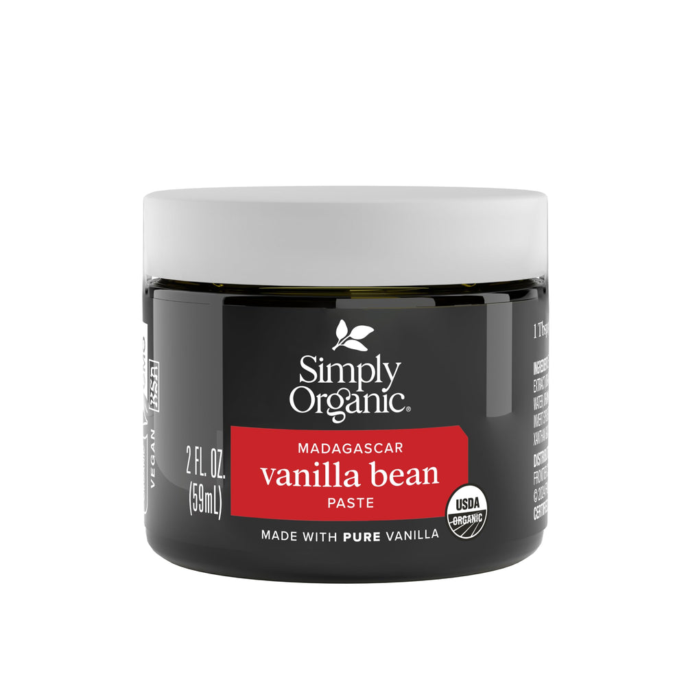 Simply Organic vanilla bean paste in a jar with visible specks for baking.