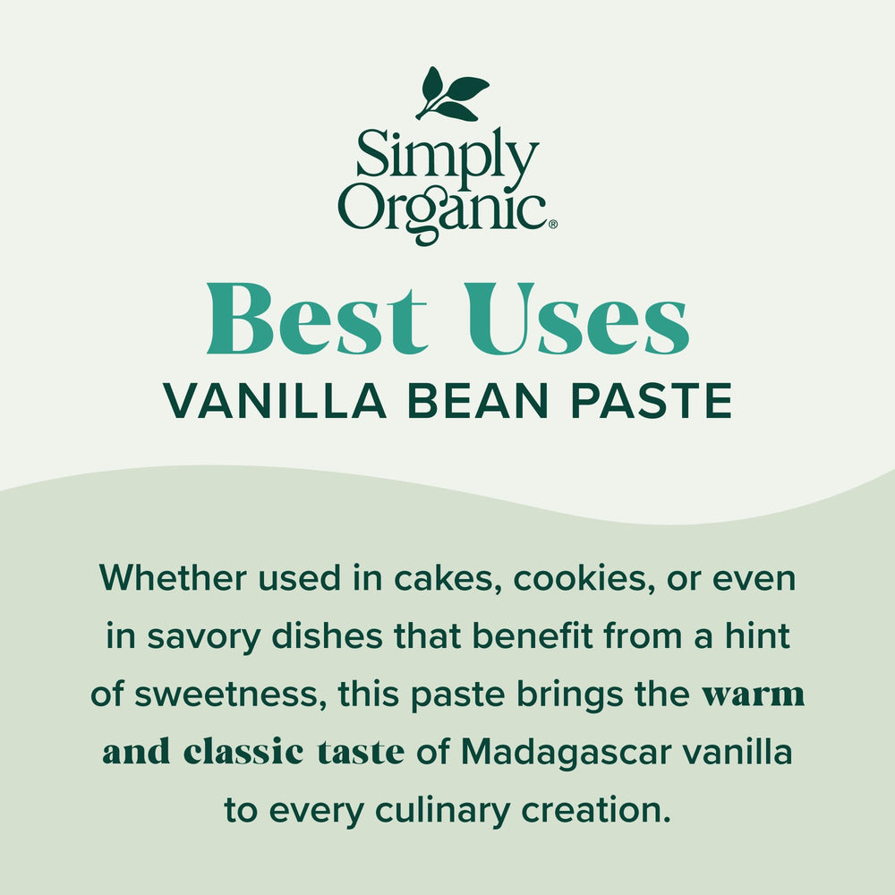 Simply Organic vanilla bean paste label highlights organic sourcing and convenience.