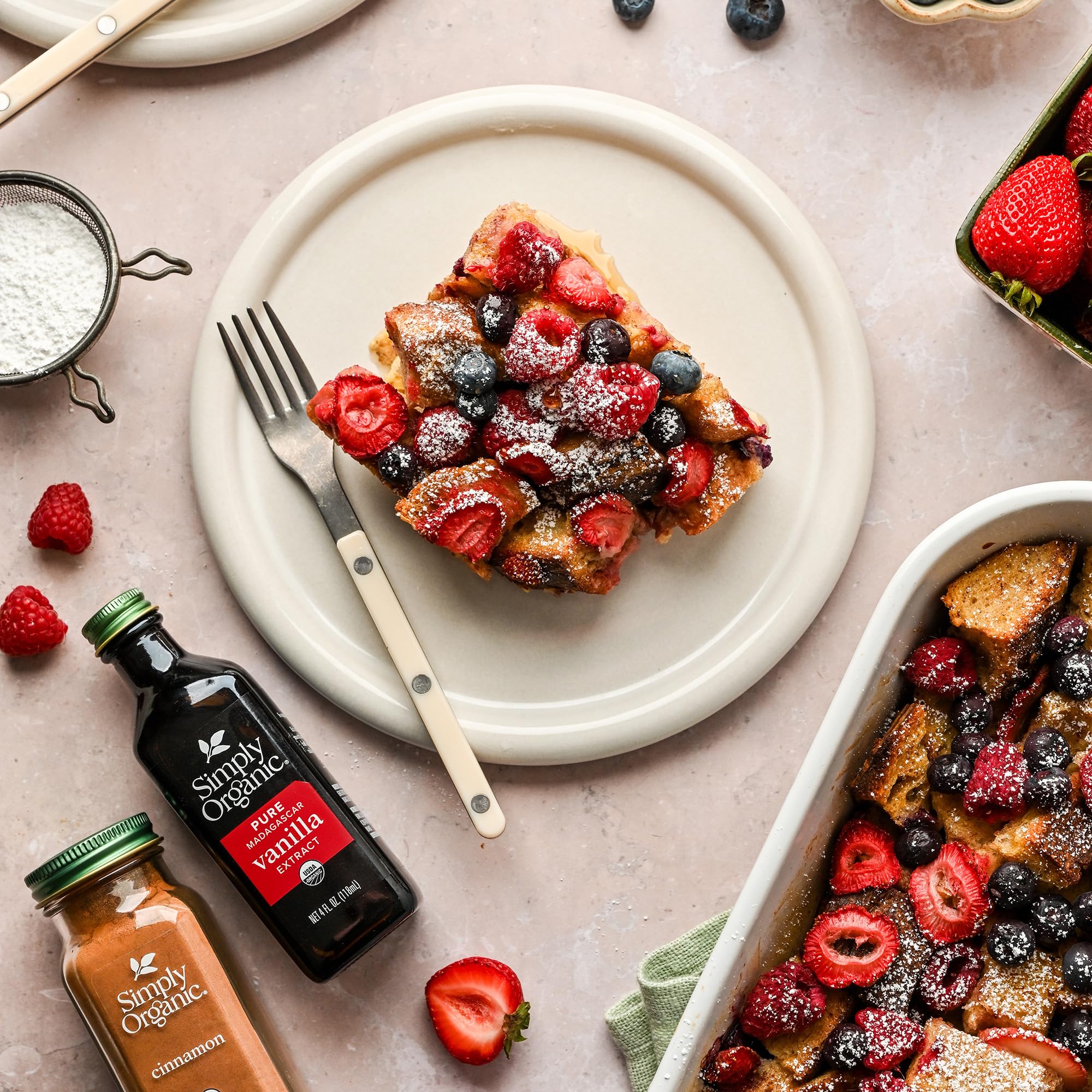 Simply Organic Vanilla Extract dessert plate suggests sweet treats with warmth.