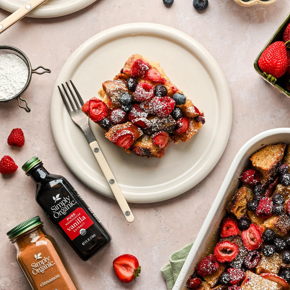 Simply Organic Vanilla Extract dessert plate suggests sweet treats with warmth.