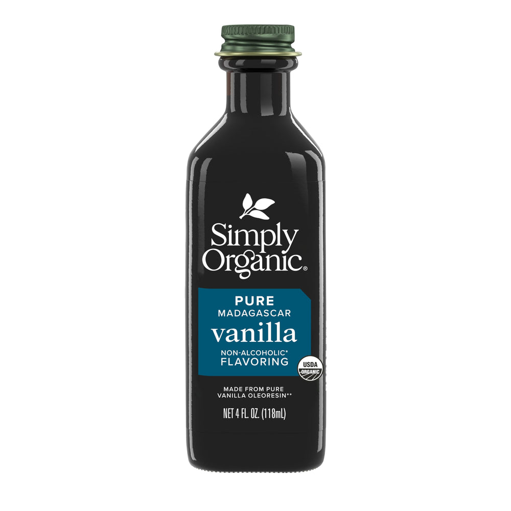 Simply Organic vanilla flavoring glass jar for premium non-alcoholic baking