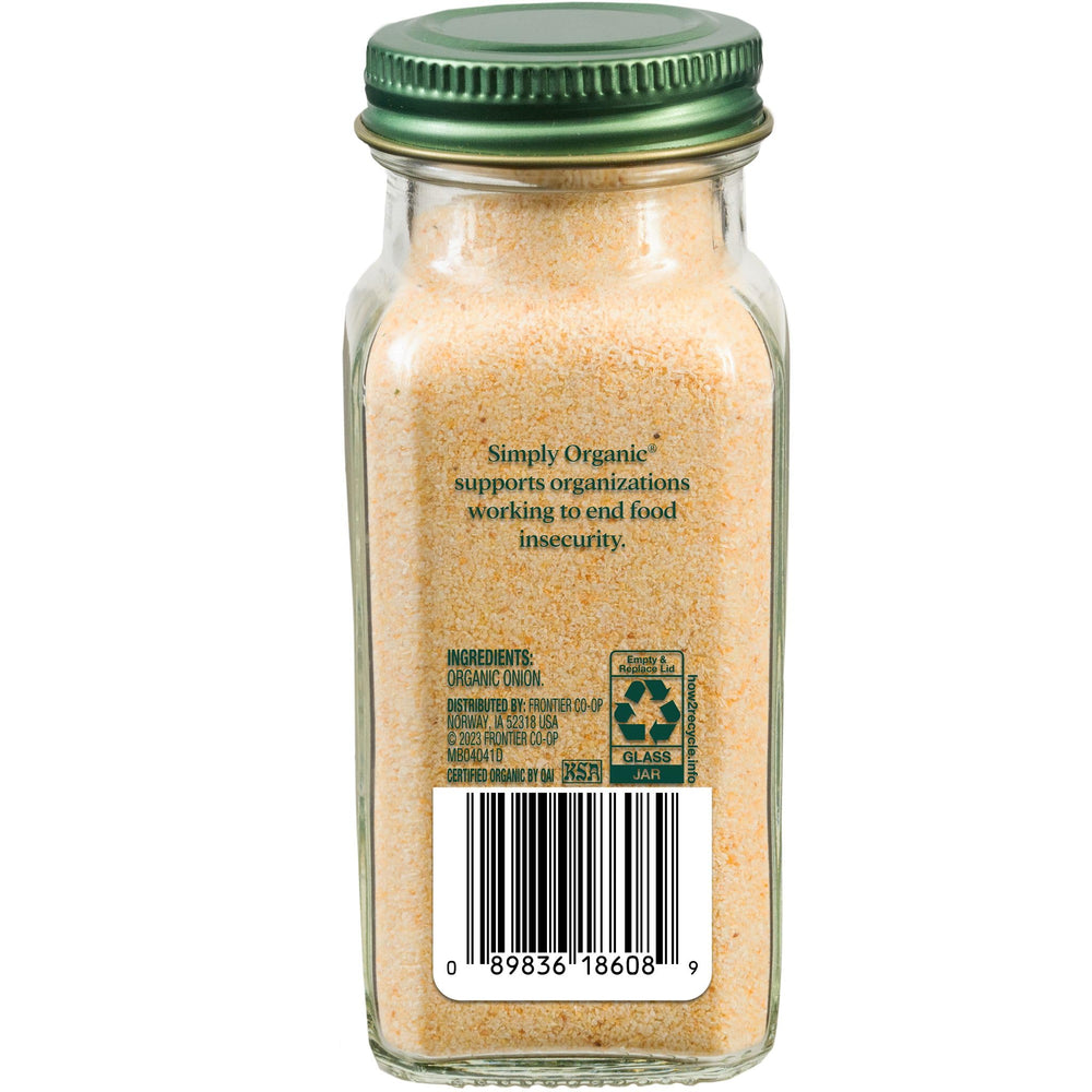 Close-up of Simply Organic White Onion Powder jar label highlighting organic and non-GMO