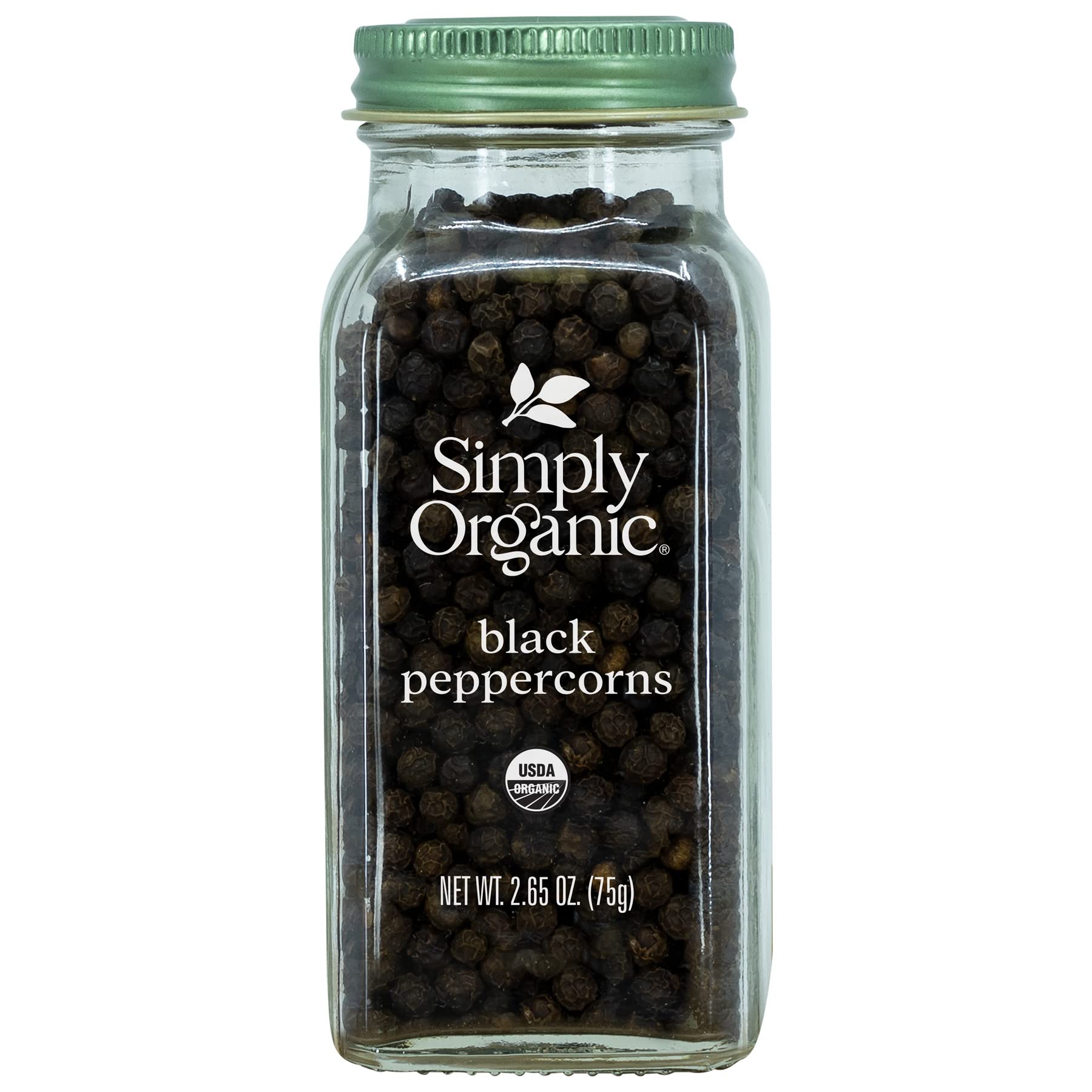 Simply Organic whole black peppercorns ready to grind for fresh, vibrant flavor.