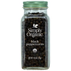 Simply Organic whole black peppercorns ready to grind for fresh, vibrant flavor.