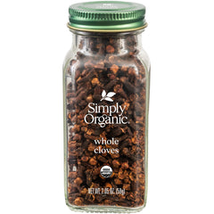 Simply Organic whole cloves jar on shelf with rich aroma for savory and sweet recipes.