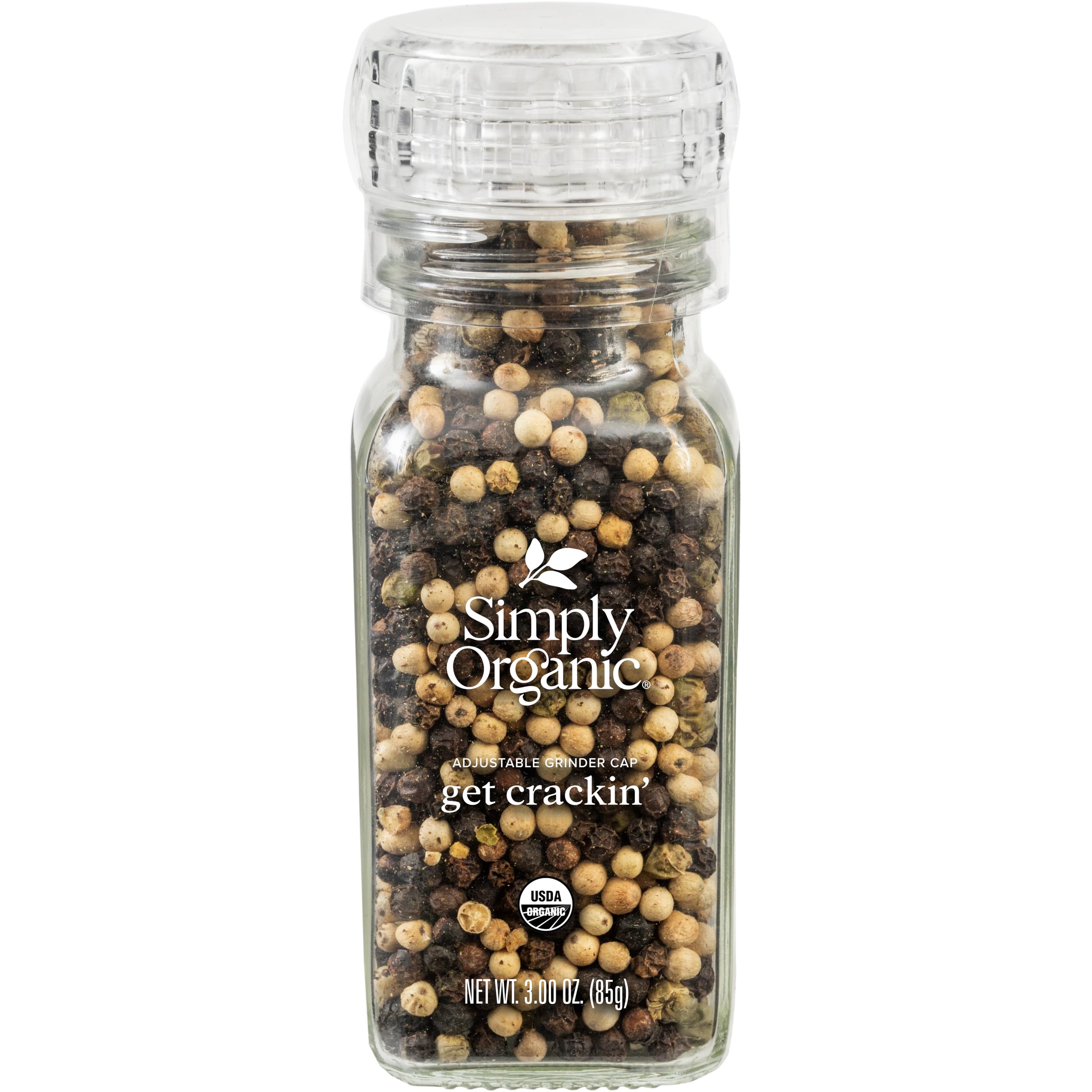 Simply Organic Whole Pepper Grinder bottle close-up ready to season meals