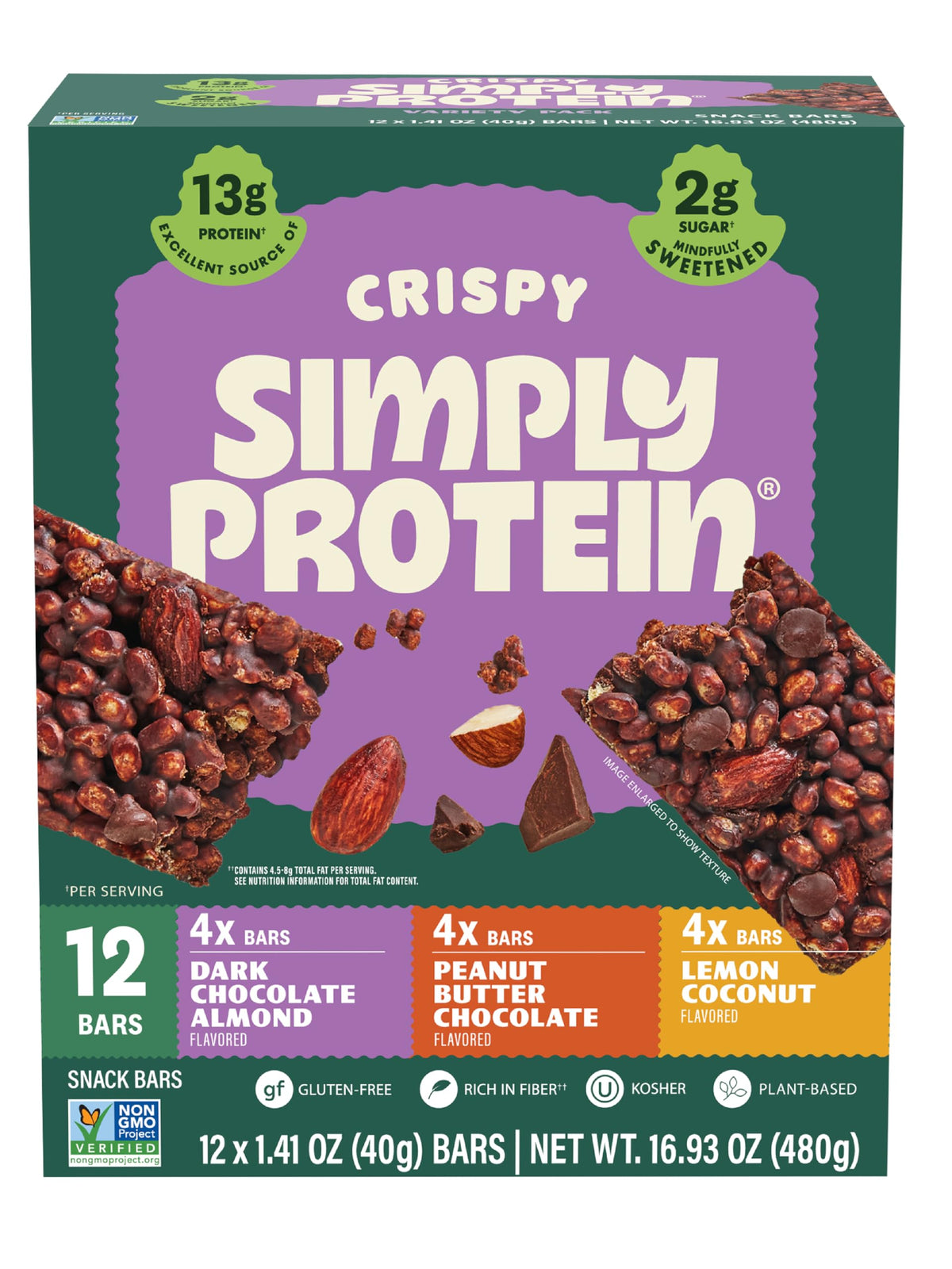 Simply Protein Crispy Bar dark chocolate almond close-up, protein-rich snack option.